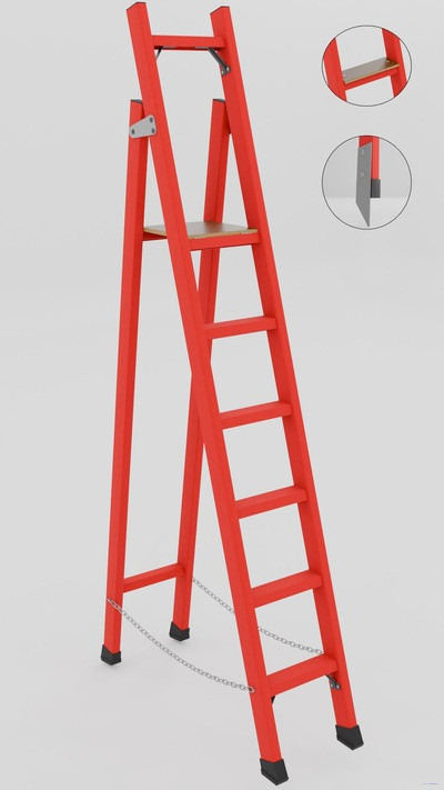 ССД-2,0ШМ с симметричной опорой диэлектрическая стеклопластиковая стремянка, широкие ступени, металлические оконцеватели (Мягкий грунт), h=2850мм, h рабочей площадки=2000мм, ступ.6 