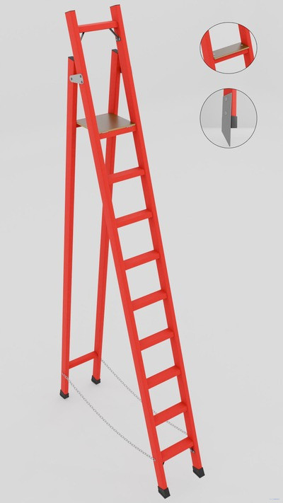 ССД-2,3ТШМ с симметричной опорой диэлектрическая стеклопластиковая стремянка, Телеком, широкие ступени, металлические оконцеватели (Мягкий грунт), h=3250мм, h рабочей площадки=2250мм, ступ.9 